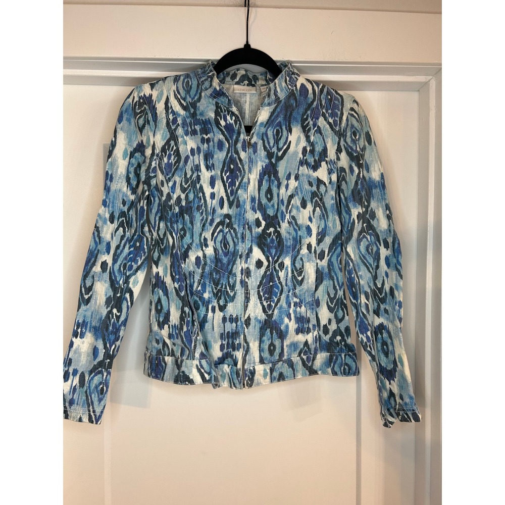 Chicos Blue Ikat Print‎ Linen Blend Zip Front Mock Neck Jacket Size 0 S Coastal